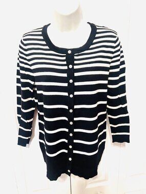 George Women's Black/White Striped Medium Button Up Cardigan Sweater-3/4 Sleeves